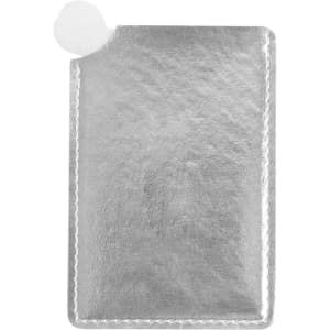 A stainless steel portable mirror in silver, featuring a rounded corner and a small attachment point.