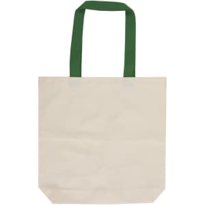 A beige canvas tote bag with green handles, featuring a logo on one side.