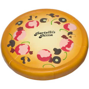 A pizza-shaped stress reliever in yellow with colourful toppings and a logo on top.