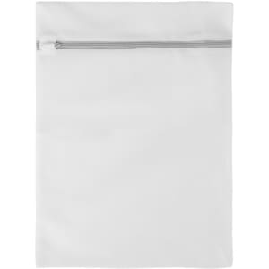 A white mesh laundry bag featuring a zip closure and a simple design. It has a logo on one side.