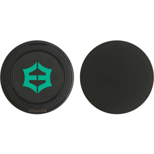 A round black magnetic wireless charging stand with a logo on one side and a smooth, plain surface on the other.