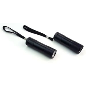 Two black portable LED torches with lanyards, featuring a textured surface and compact design.