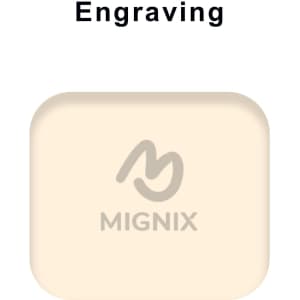 A cream-coloured product with a rounded shape features a logo and an engraving area on its surface.