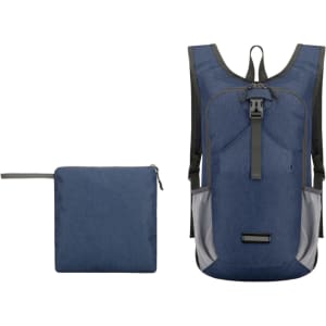 A blue large packable camping backpack next to a compact folded version in matching colour. It has a logo on the front.