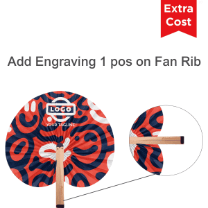 A peach-shaped wooden paper fan features a vibrant red and blue pattern with a fan rib for potential engraving.