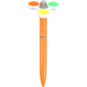 An orange fidget pen with a spinning top feature and three coloured buttons: green, yellow, and orange. Includes a logo.