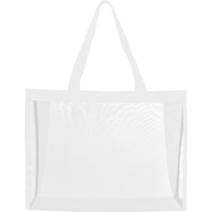 A transparent mesh tote bag in white with two sturdy handles. It features an open design and has a logo.