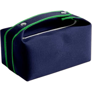 A navy blue portable canvas cosmetic bag with green accents and a handle, featuring a zippered opening.
