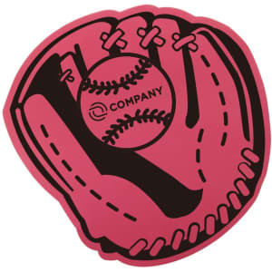 A pink foam mitt designed in the shape of a baseball glove, featuring a logo and a baseball illustration.