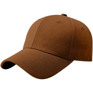 A brown cotton baseball cap with a hard top and a curved brim, featuring a logo on the front.