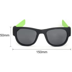 A pair of black sunglasses with green arms, featuring a sleek design and measuring 150mm by 50mm.