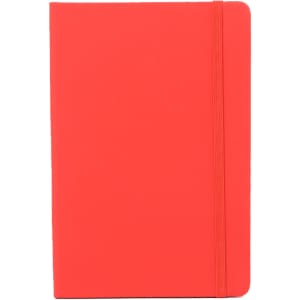 A red PU A6 notebook with a matching elastic band and a logo on the cover.