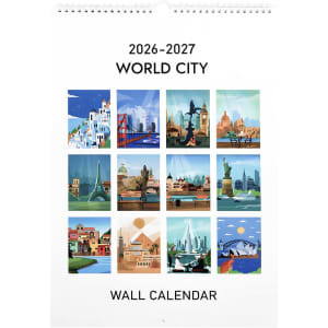 A vertical wall calendar featuring colourful illustrations of iconic cityscapes from around the world.