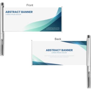 A promotional pen featuring a silver barrel and a retractable banner with a blue and white abstract design.