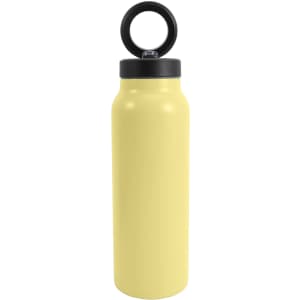A drink bottle in a soft yellow colour, featuring a black lid and a magnetic phone holder.