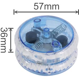 A clear and blue light-up yoyo featuring spring mechanisms inside, measuring 57mm in diameter and 36mm in height.