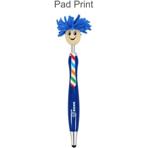 A blue pen with a smiling character head and blue, frizzy hair, featuring a branding logo.