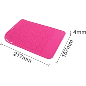 A pink silicone hair straightener pad with a textured surface, measuring 217mm by 157mm and 4mm thick.