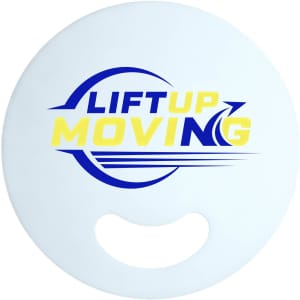 A round, white promotional PP fan featuring a logo and text in blue and yellow.