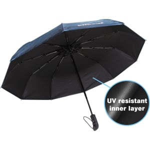 A folding ten-panel umbrella in black with a blue top and a UV resistant inner layer. Features a branded handle.