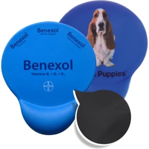 A blue mouse mat featuring a dog image on one side and a solid blue surface on the other, with a logo.
