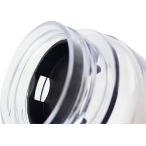 A drink bottle with a clear body and black lid, featuring an infusion chamber. It has a modern design and a logo.