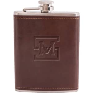 A drink bottle featuring a brown leather exterior with a stainless steel top and a logo embossed on the front.