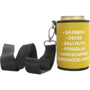 A drink bottle holder in yellow and black with a keyring attachment and a list of services on it.