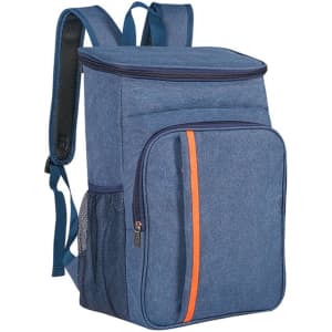 A large capacity cooler backpack in denim blue with an orange stripe and mesh side pockets. It features adjustable straps.