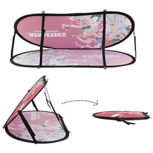 Bean-shaped pop-up banner in pink with multi-coloured abstract patterns. Features a framework for stability and has a logo.