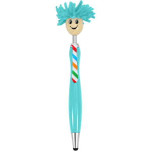 A turquoise pen topped with a smiling face and fun, fluffy turquoise hair. It features a colourful striped tie and a logo.