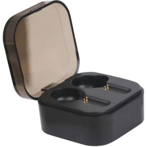 A black charging case with a transparent lid, housing two true wireless earbuds inside.