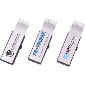 A drink bottle opener that doubles as a silver flash drive. It features an engraved logo on its surface.