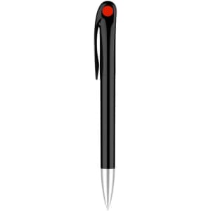 A black barrel pen with a clip and a red dot on the top, featuring a silver tip. It has a logo on the barrel.