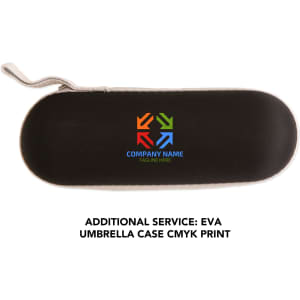 A black case with a logo, containing a mini folding umbrella. The case features a zip closure and a grey strap.