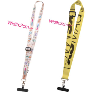 A yellow adjustable phone lanyard with a logo and a white lanyard featuring colourful patterns.