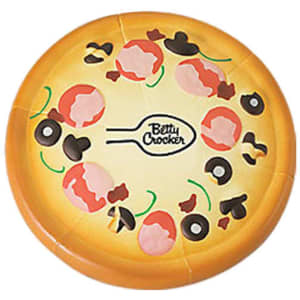 A pizza-shaped stress reliever featuring a variety of toppings, with a yellow crust and a logo in the centre.