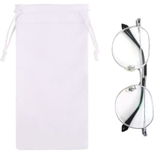 A white RPET lens pouch beside a pair of round, silver-framed glasses. The pouch has a drawstring closure and a logo.