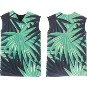 A drink bottle cooler featuring a green tropical leaf design with a sleeveless shape and a black interior.