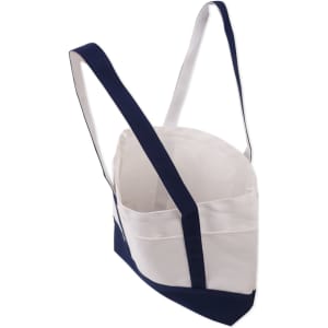 A small canvas tote bag in white with navy blue accents and straps, featuring a logo.