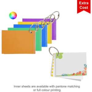 A7 index cards in various colours—orange, purple, green, blue, yellow—secured with a metal ring and floral-patterned card.