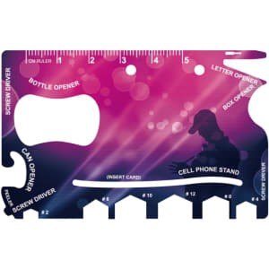 A card-sized multi-tool featuring various functions including a bottle opener, can opener, and phone stand, in vibrant purple tones.