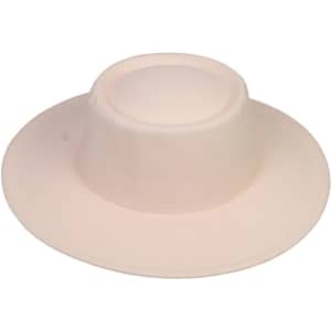 A flat top felt fedora hat in a soft cream colour with a wide brim and a rounded crown. It features a logo.