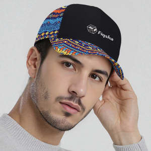 A custom 5-panel cap in black with a vibrant patterned brim and a logo on the front.