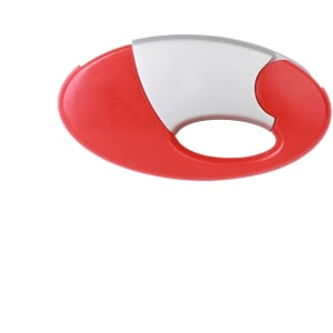 An oval-shaped flash drive featuring a red and silver design with a circular cut-out.