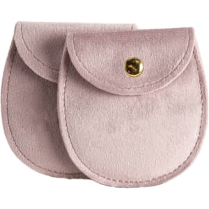 Two oval-shaped velvet jewellery pouches in a soft pink hue, featuring a snap closure and a subtle logo.