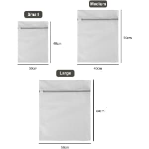 Three mesh laundry bags in varying sizes: small (30cm × 40cm), medium (40cm × 50cm), and large (50cm × 60cm), all in white.