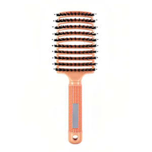 A detangler bristle hairbrush in orange with a textured handle and flexible bristles, featuring a logo on the handle.