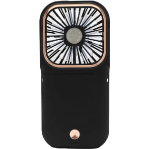 A folding neck fan in black with a rose gold accent, featuring a phone stand and a fan unit.