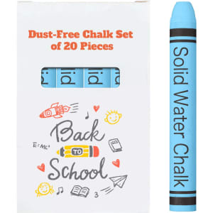 A box containing a set of 20 blue dust-free chalk sticks, with a design featuring school-related illustrations.